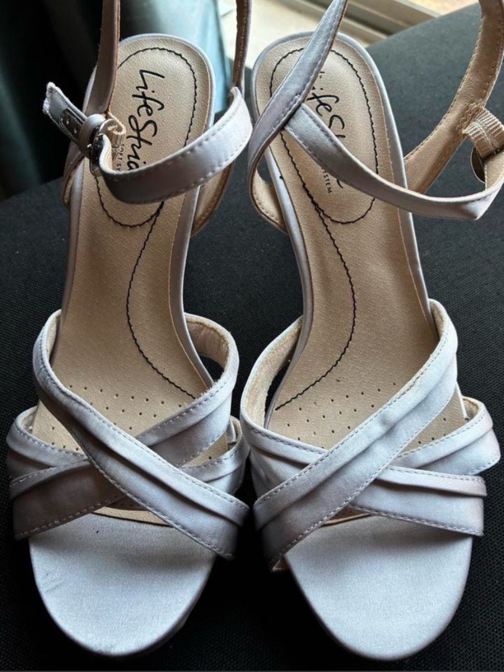 Life Stride Silver Satin Crisscross Ankle Strap Heels